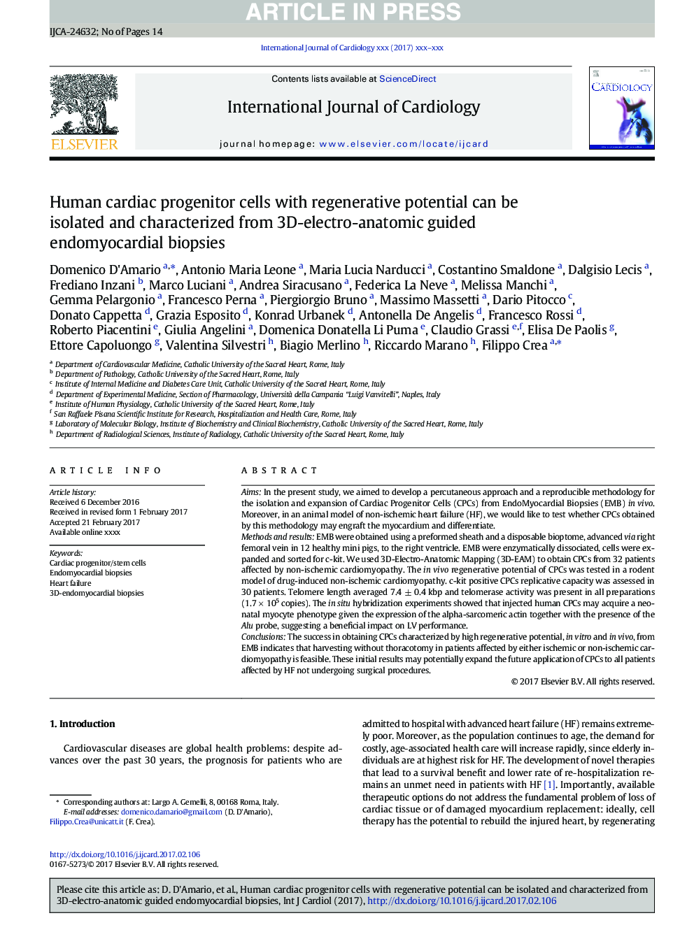 Human cardiac progenitor cells with regenerative potential can be isolated and characterized from 3D-electro-anatomic guided endomyocardial biopsies