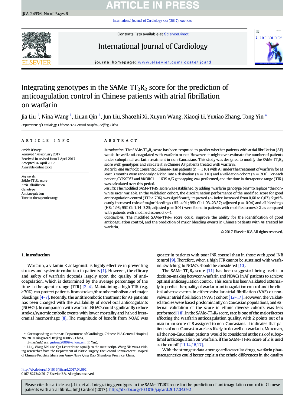 Integrating genotypes in the SAMe-TT2R2 score for the prediction of anticoagulation control in Chinese patients with atrial fibrillation on warfarin