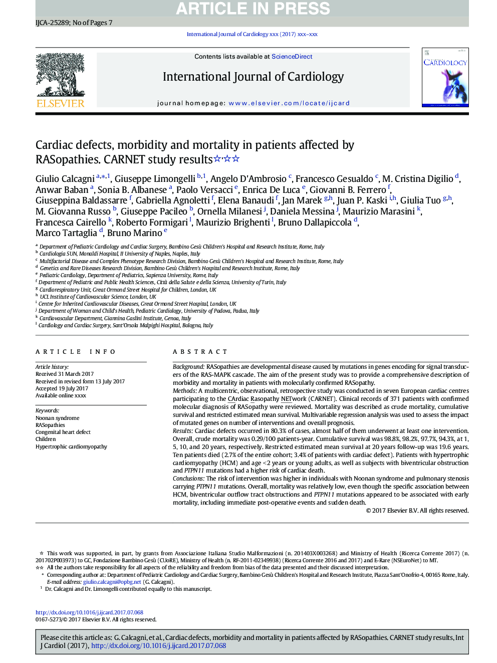 Cardiac defects, morbidity and mortality in patients affected by RASopathies. CARNET study results