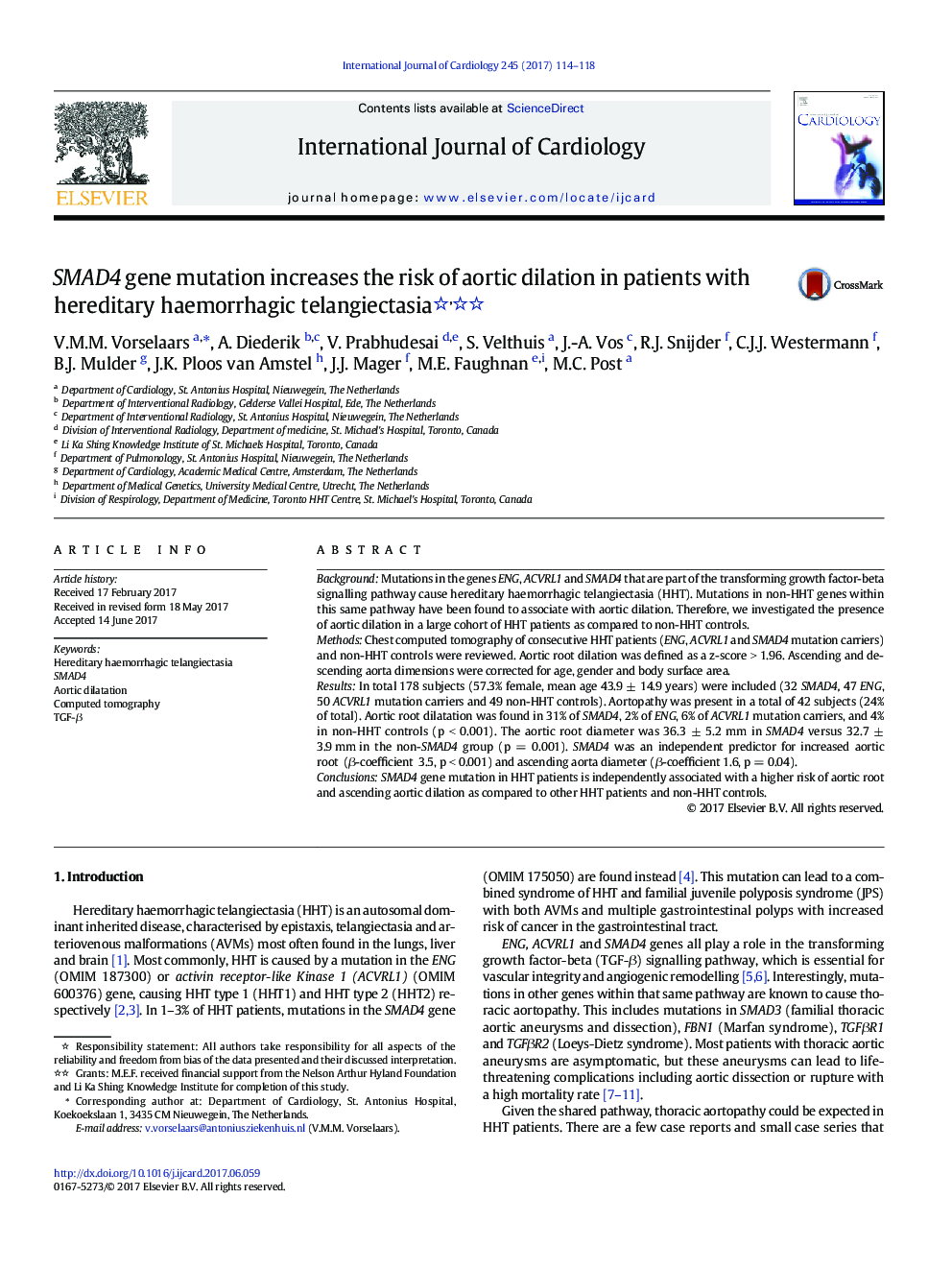 SMAD4 gene mutation increases the risk of aortic dilation in patients with hereditary haemorrhagic telangiectasia