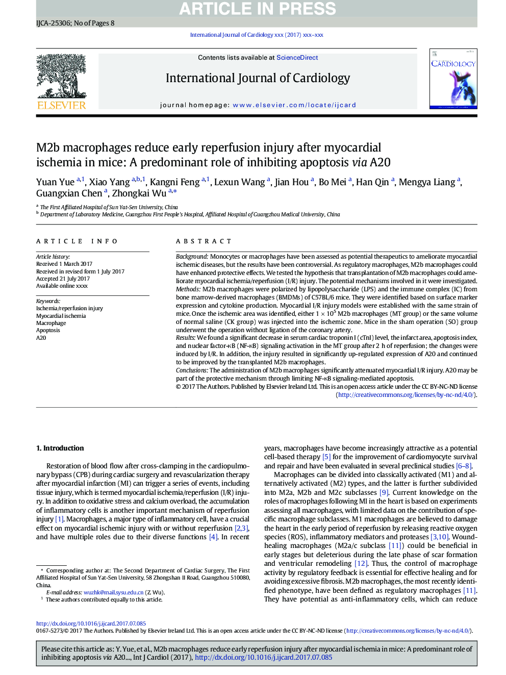 M2b macrophages reduce early reperfusion injury after myocardial ischemia in mice: A predominant role of inhibiting apoptosis via A20