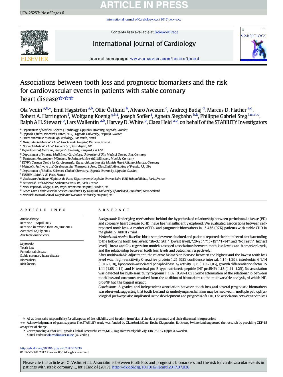Associations between tooth loss and prognostic biomarkers and the risk for cardiovascular events in patients with stable coronary heart disease