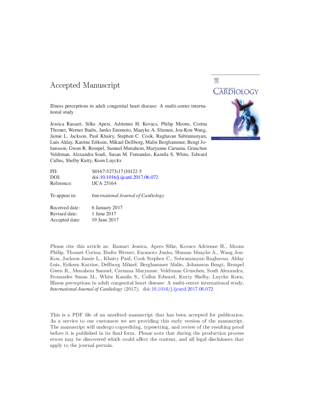 Illness perceptions in adult congenital heart disease: A multi-center international study