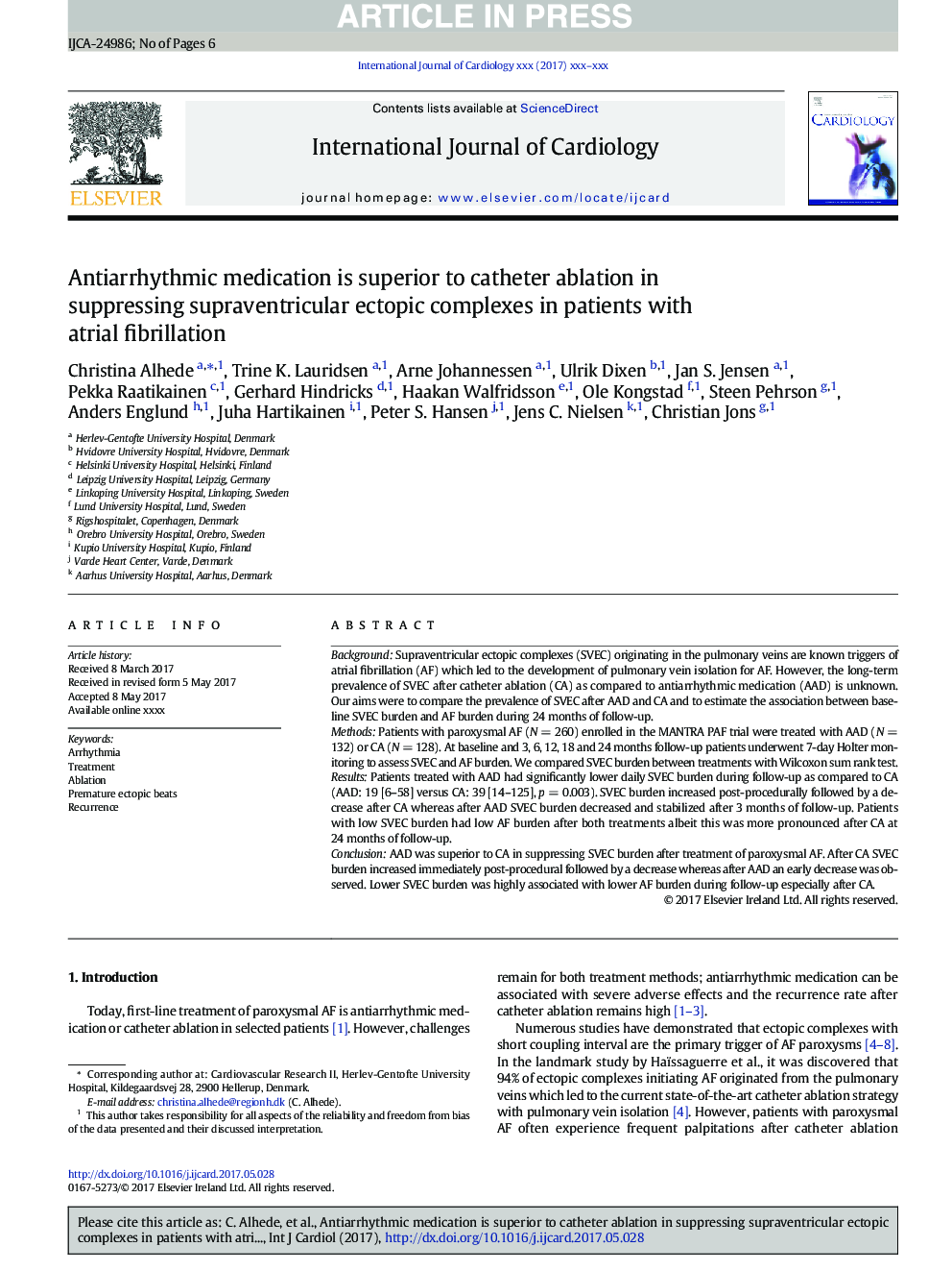 Antiarrhythmic medication is superior to catheter ablation in suppressing supraventricular ectopic complexes in patients with atrial fibrillation