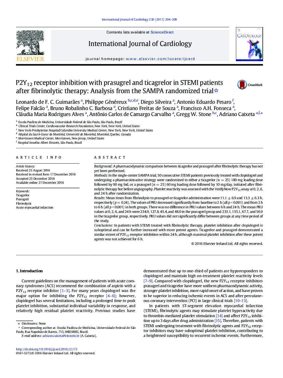 P2Y12 receptor inhibition with prasugrel and ticagrelor in STEMI patients after fibrinolytic therapy: Analysis from the SAMPA randomized trial