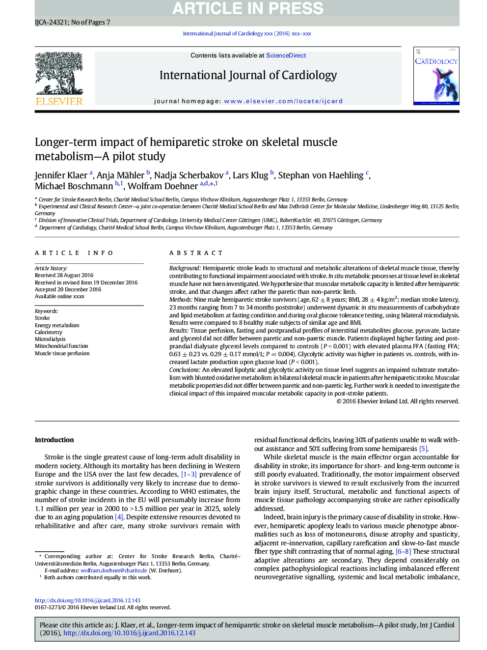 Longer-term impact of hemiparetic stroke on skeletal muscle metabolism-A pilot study