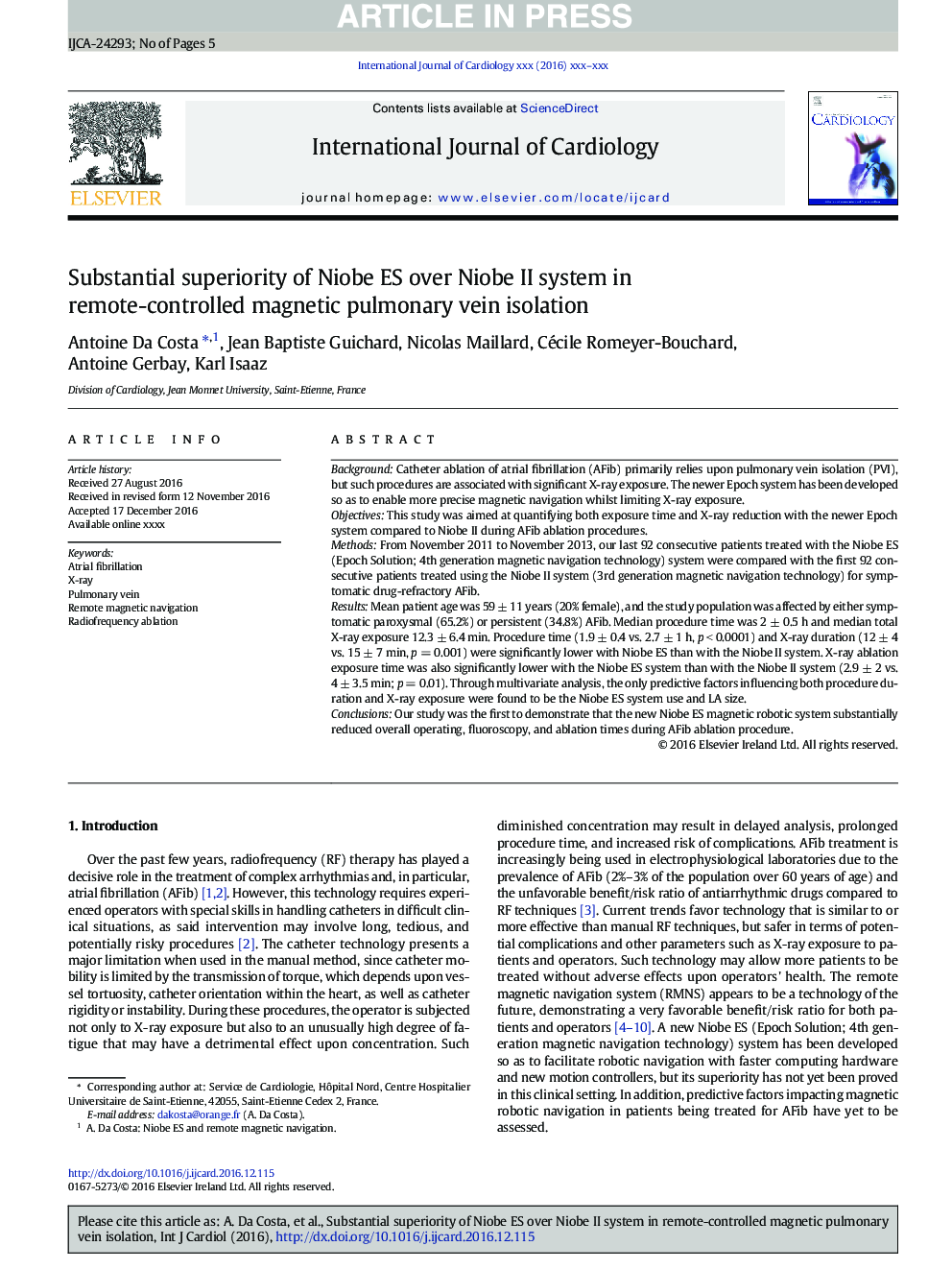 Substantial superiority of Niobe ES over Niobe II system in remote-controlled magnetic pulmonary vein isolation