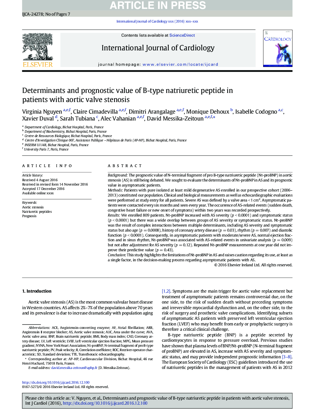 Determinants and prognostic value of B-type natriuretic peptide in patients with aortic valve stenosis