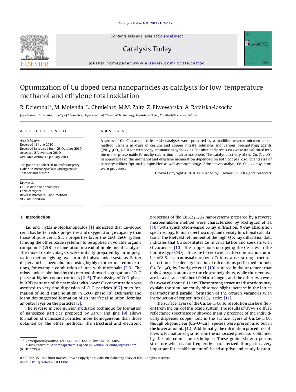 Optimization of Cu doped ceria nanoparticles as catalysts for low-temperature methanol and ethylene total oxidation