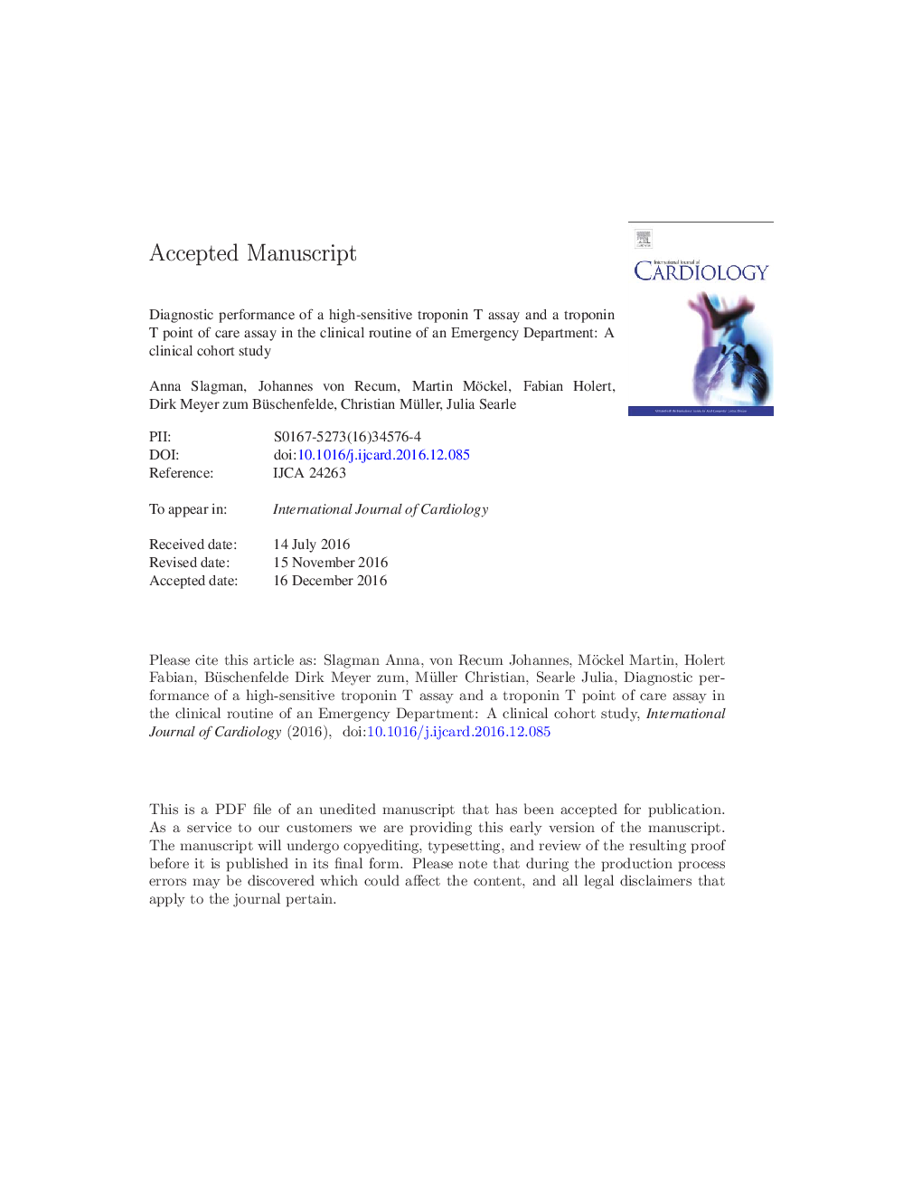 Diagnostic performance of a high-sensitive troponin T assay and a troponin T point of care assay in the clinical routine of an Emergency Department: A clinical cohort study