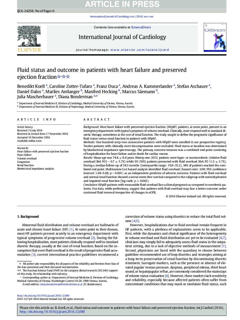 Fluid status and outcome in patients with heart failure and preserved ejection fraction