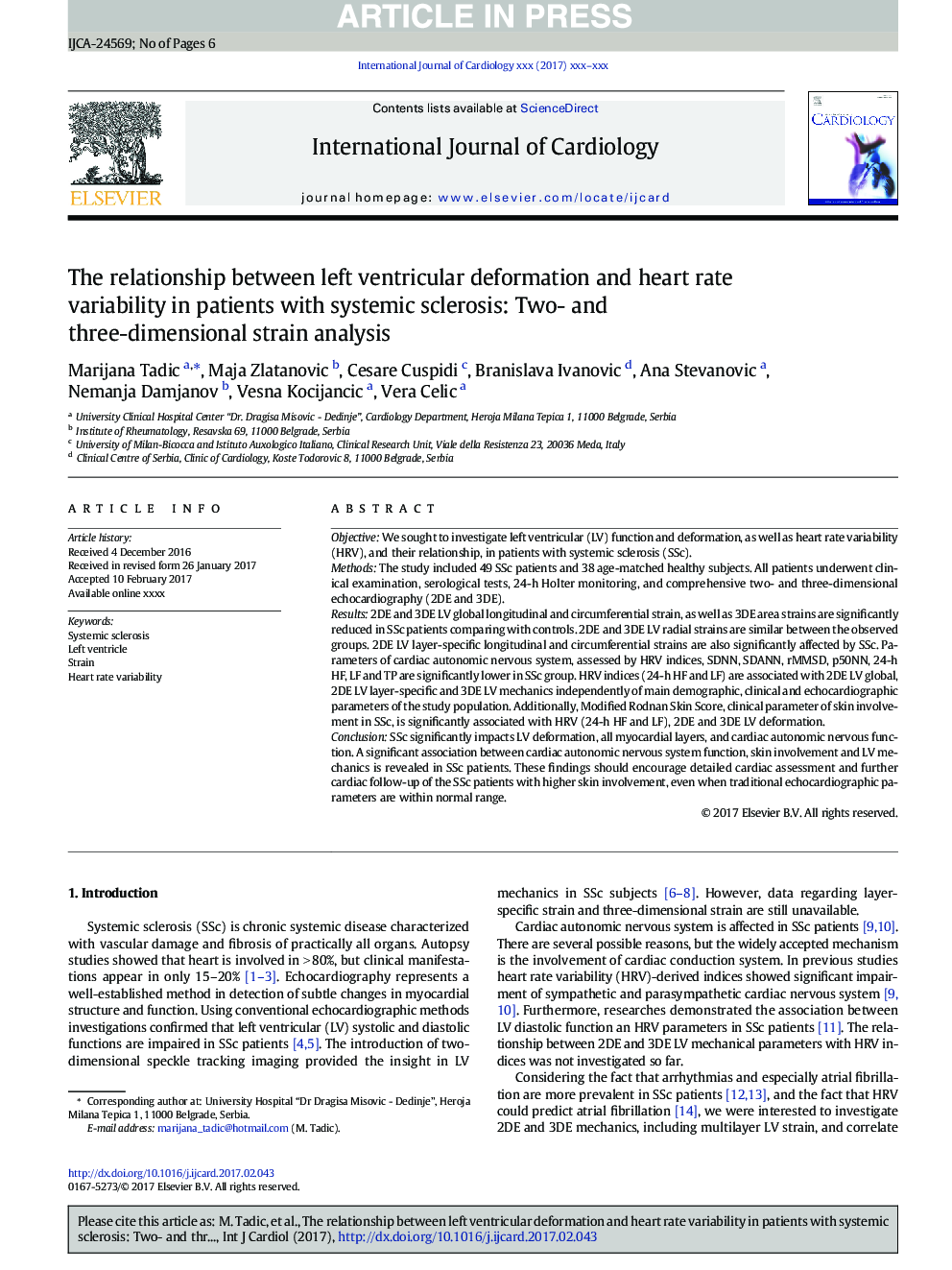 The relationship between left ventricular deformation and heart rate variability in patients with systemic sclerosis: Two- and three-dimensional strain analysis