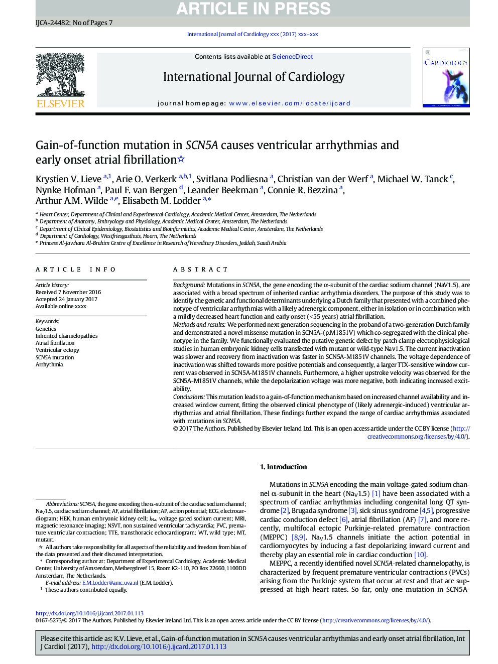 Gain-of-function mutation in SCN5A causes ventricular arrhythmias and early onset atrial fibrillation