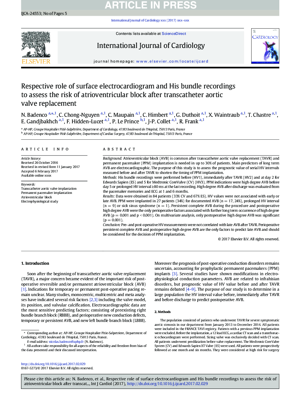 Respective role of surface electrocardiogram and His bundle recordings to assess the risk of atrioventricular block after transcatheter aortic valve replacement