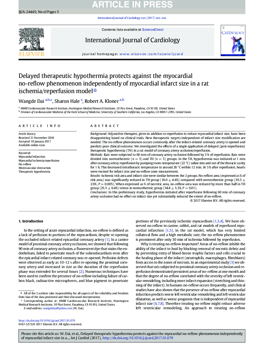 Delayed therapeutic hypothermia protects against the myocardial no-reflow phenomenon independently of myocardial infarct size in a rat ischemia/reperfusion model