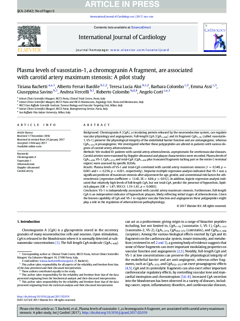 Plasma levels of vasostatin-1, a chromogranin A fragment, are associated with carotid artery maximum stenosis: A pilot study