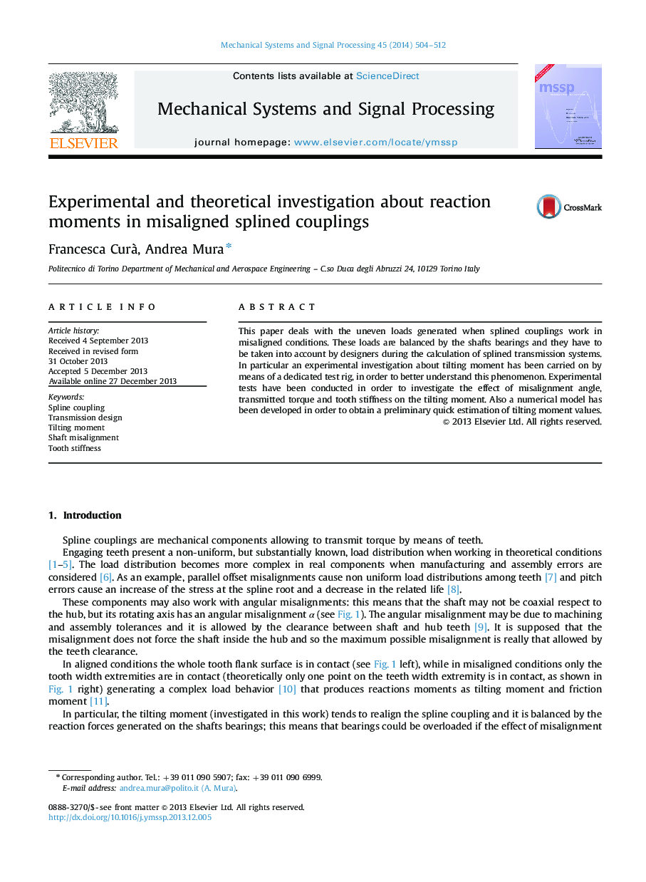 Experimental and theoretical investigation about reaction moments in misaligned splined couplings