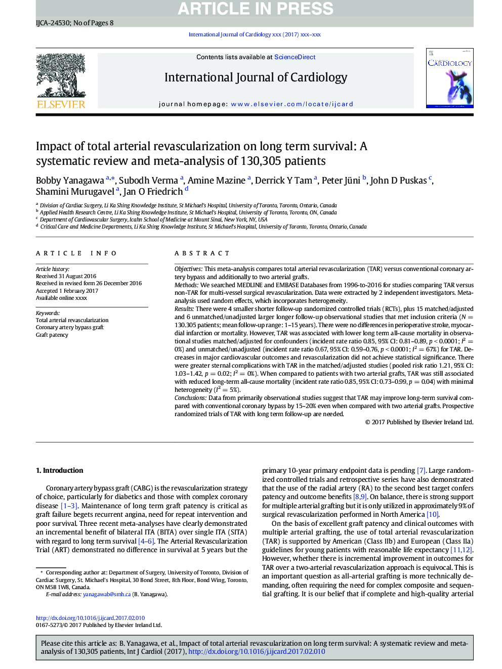 Impact of total arterial revascularization on long term survival: A systematic review and meta-analysis of 130,305 patients