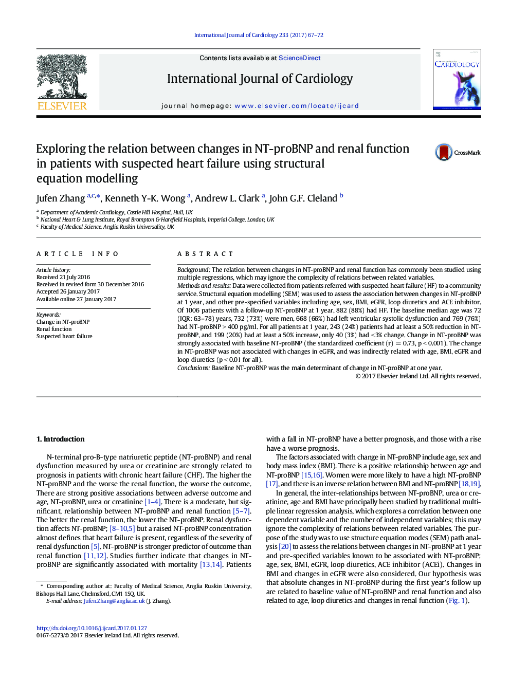 Exploring the relation between changes in NT-proBNP and renal function in patients with suspected heart failure using structural equation modelling