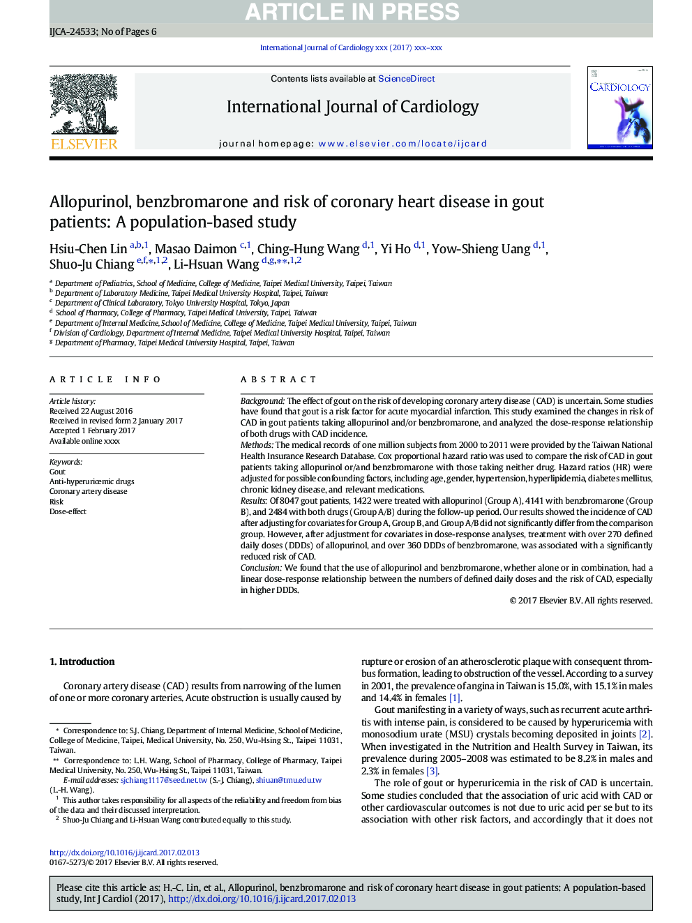 Allopurinol, benzbromarone and risk of coronary heart disease in gout patients: A population-based study