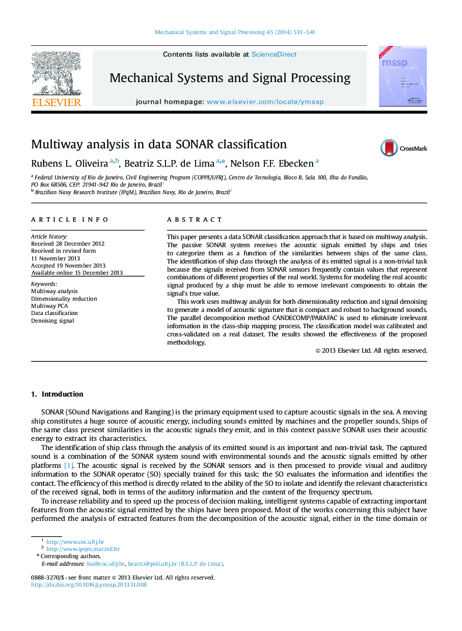 Multiway analysis in data SONAR classification