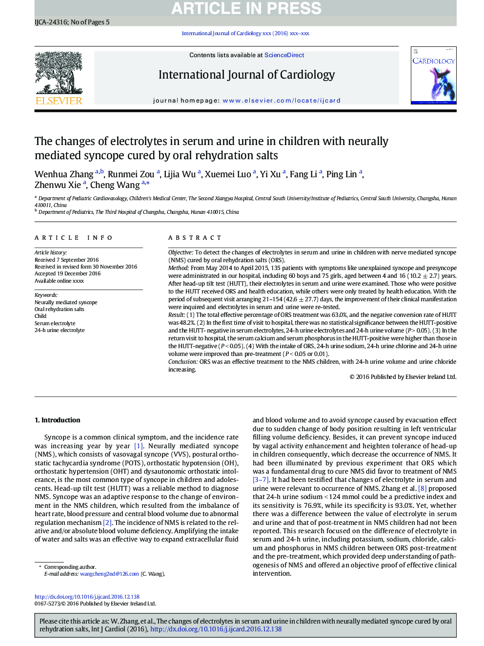 The changes of electrolytes in serum and urine in children with neurally mediated syncope cured by oral rehydration salts
