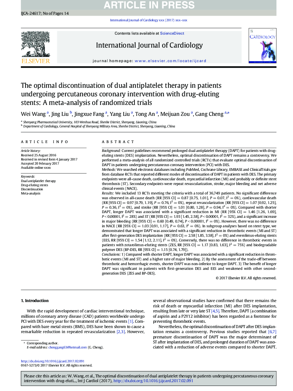 The optimal discontinuation of dual antiplatelet therapy in patients undergoing percutaneous coronary intervention with drug-eluting stents: A meta-analysis of randomized trials