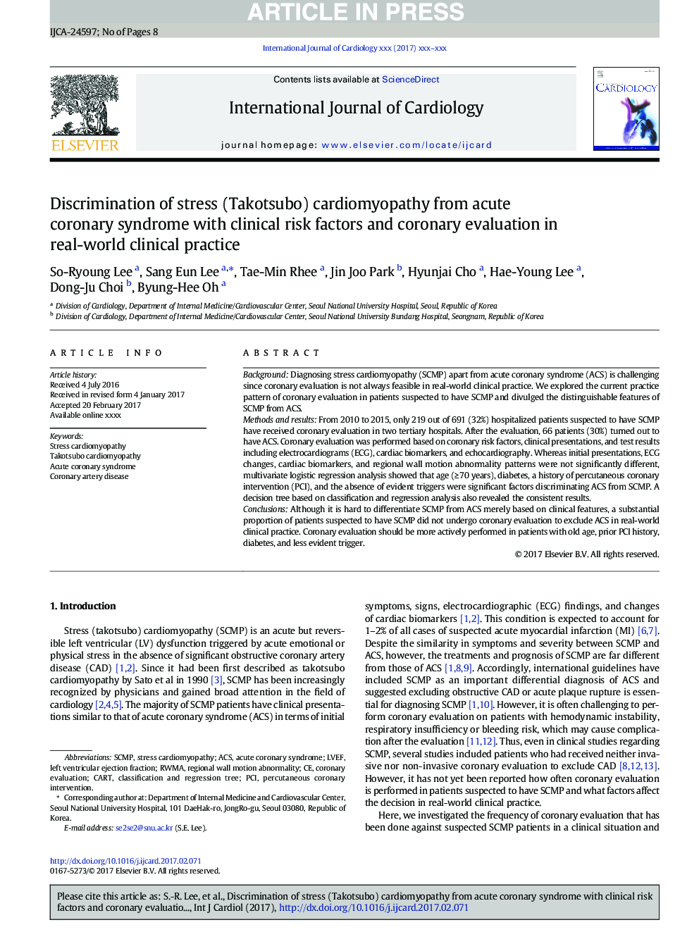 Discrimination of stress (Takotsubo) cardiomyopathy from acute coronary syndrome with clinical risk factors and coronary evaluation in real-world clinical practice