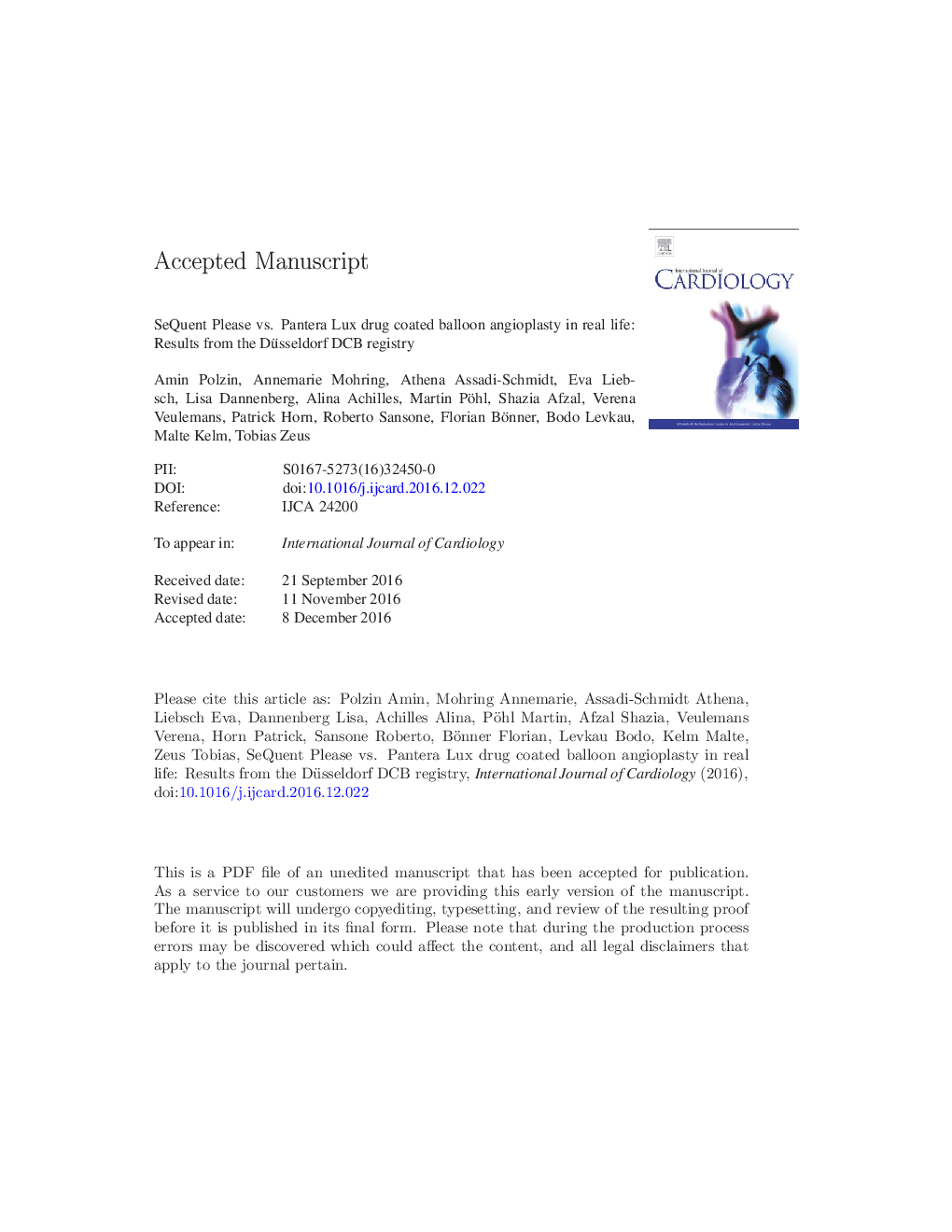 SeQuent Please vs. Pantera Lux drug coated balloon angioplasty in real life: Results from the Düsseldorf DCB registry