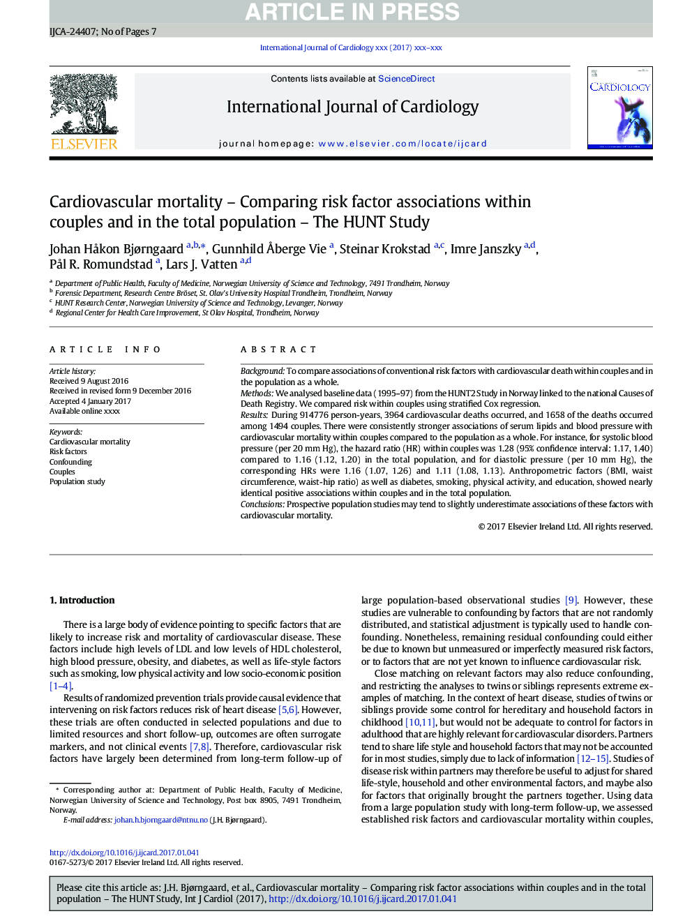 Cardiovascular mortality - Comparing risk factor associations within couples and in the total population - The HUNT Study