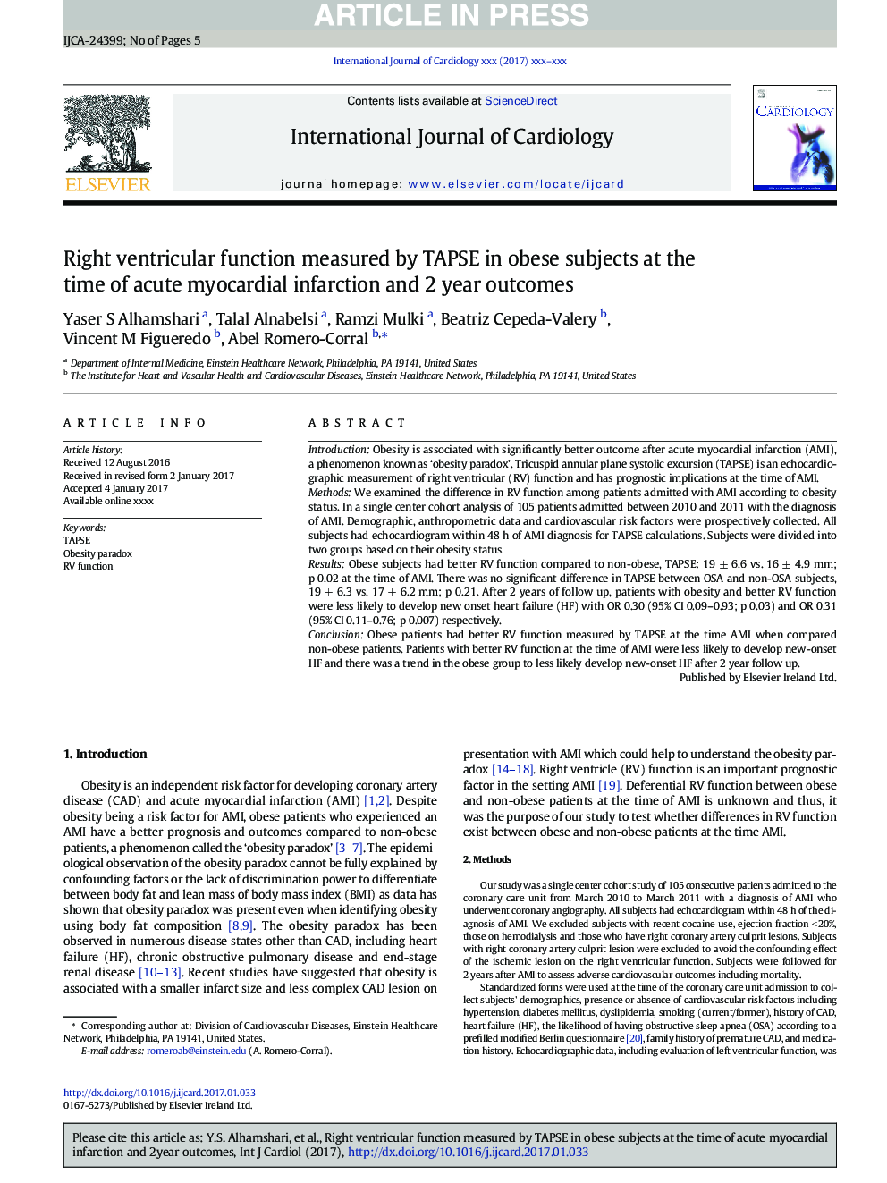 Right ventricular function measured by TAPSE in obese subjects at the time of acute myocardial infarction and 2Â year outcomes