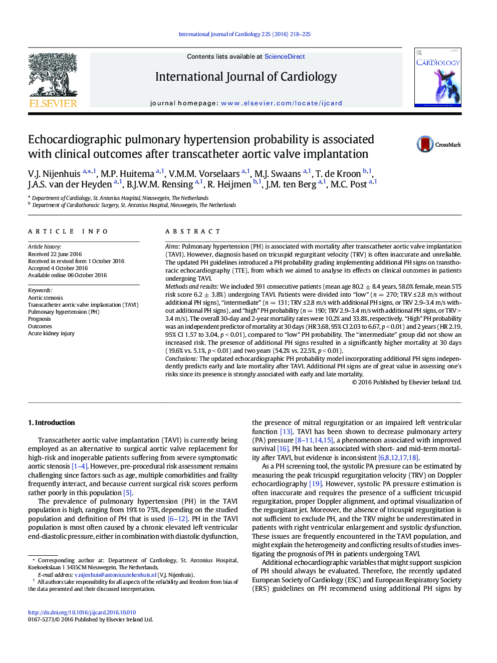 Echocardiographic pulmonary hypertension probability is associated with clinical outcomes after transcatheter aortic valve implantation