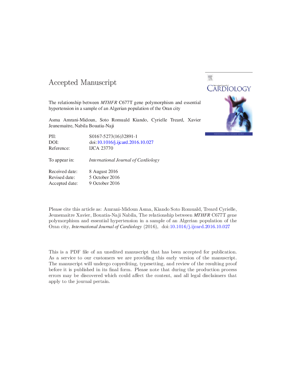 The relationship between MTHFR C677T gene polymorphism and essential hypertension in a sample of an Algerian population of Oran city