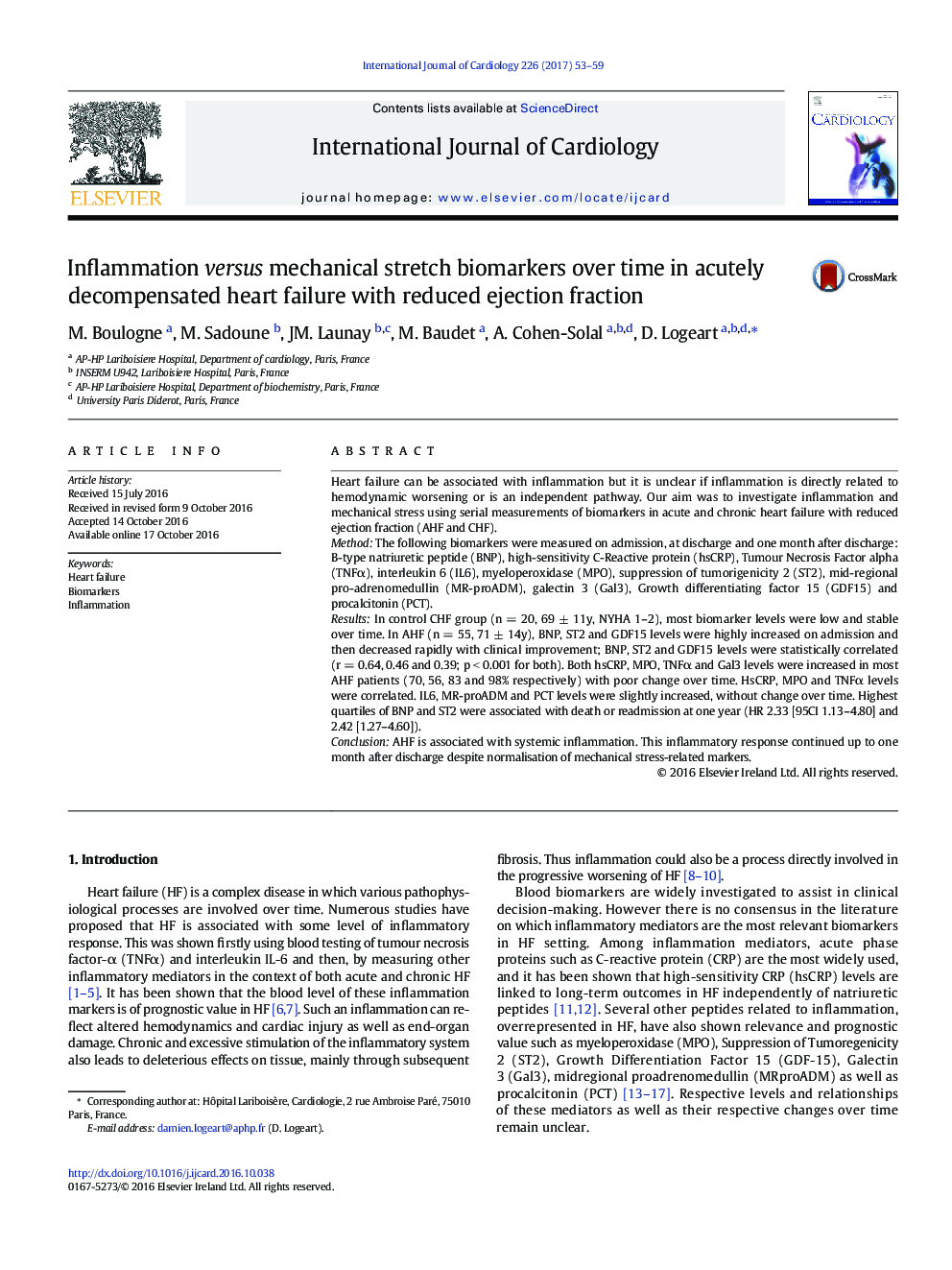 Inflammation versus mechanical stretch biomarkers over time in acutely decompensated heart failure with reduced ejection fraction