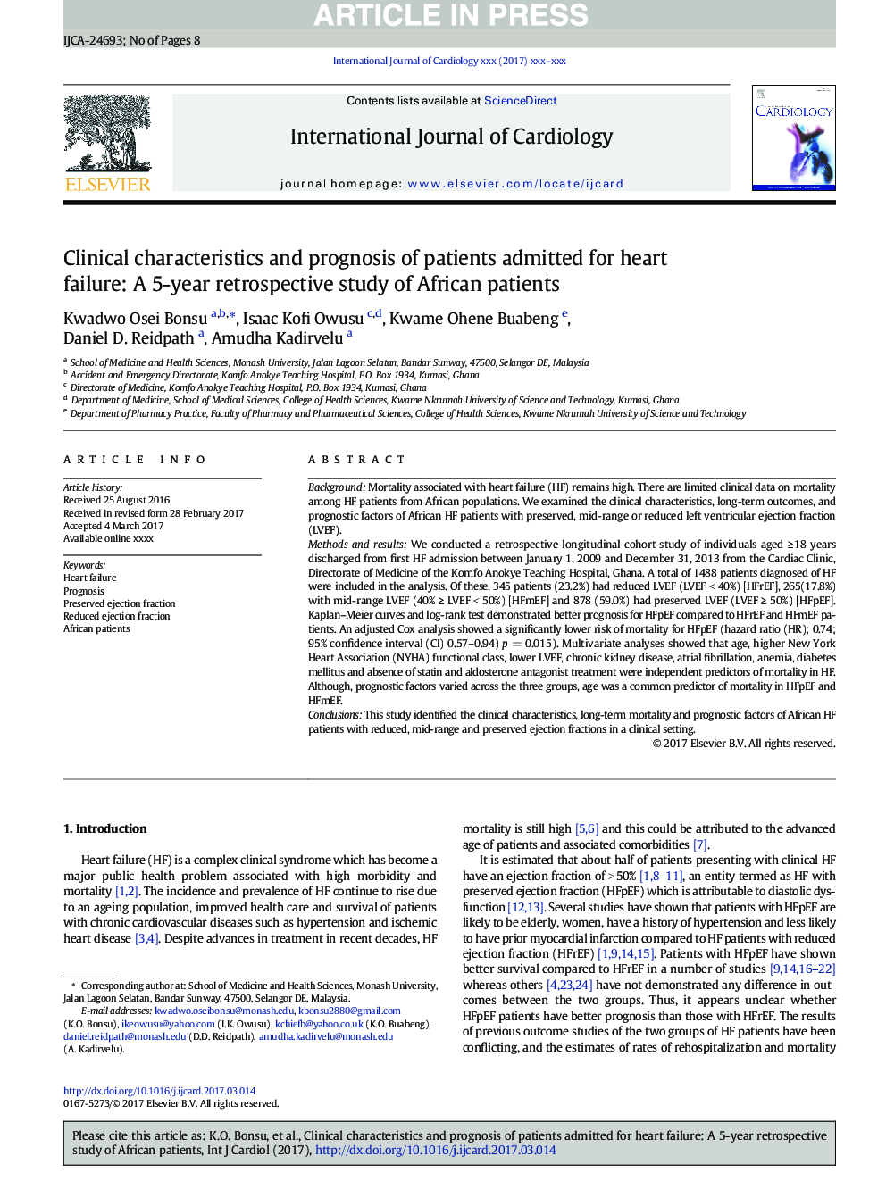 Clinical characteristics and prognosis of patients admitted for heart failure: A 5-year retrospective study of African patients