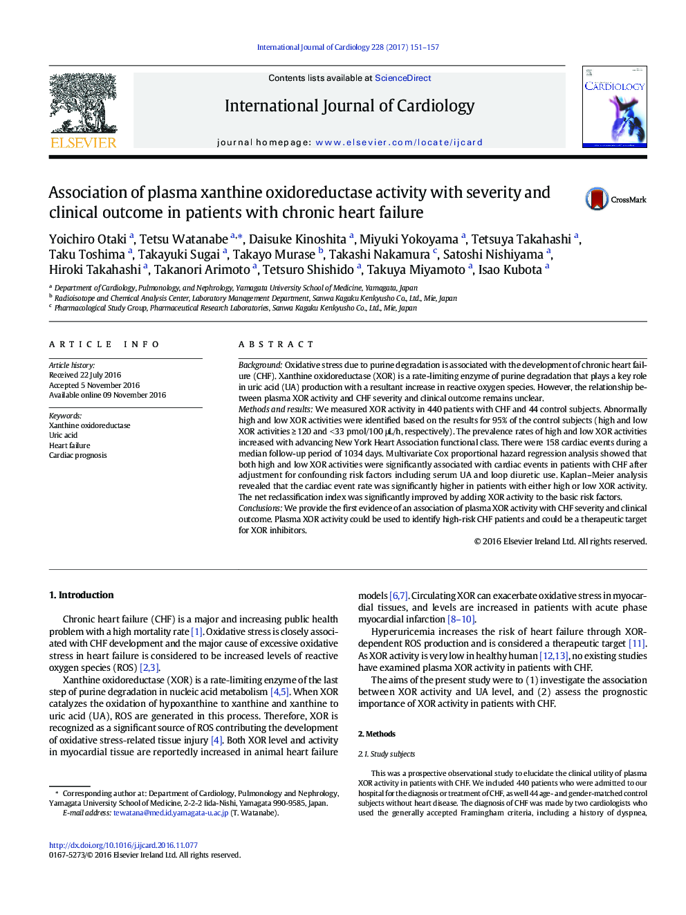 Association of plasma xanthine oxidoreductase activity with severity and clinical outcome in patients with chronic heart failure