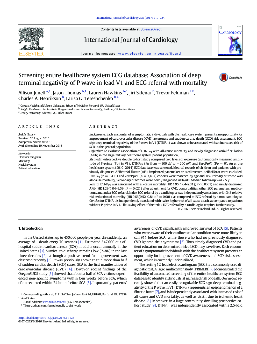 عکس صفحه اول مقاله: Screening entire healthcare system ECG database: Association of deep terminal negativity of P wave in lead V1 and ECG referral with mortality Screening entire healthcare system ECG database: Association of deep terminal negativity of P wave in lead V1 and ECG referral with mortality
