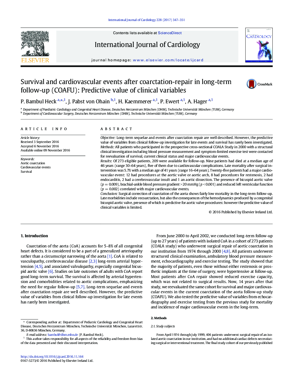 Survival and cardiovascular events after coarctation-repair in long-term follow-up (COAFU): Predictive value of clinical variables