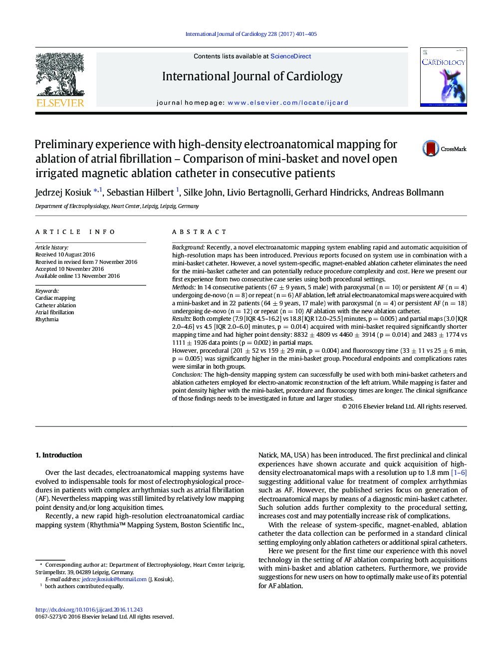 Preliminary experience with high-density electroanatomical mapping for ablation of atrial fibrillation - Comparison of mini-basket and novel open irrigated magnetic ablation catheter in consecutive patients