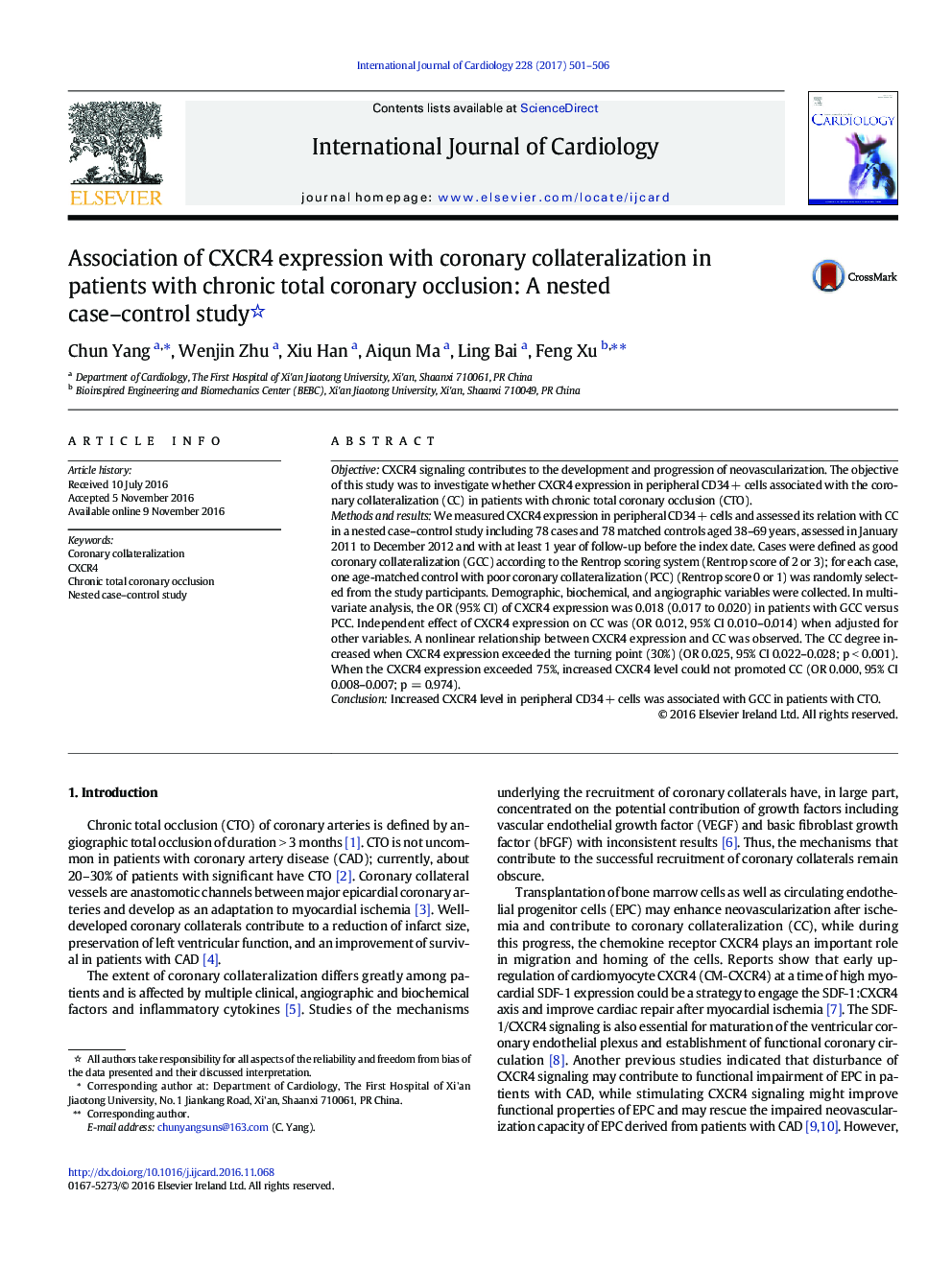 Association of CXCR4 expression with coronary collateralization in patients with chronic total coronary occlusion: A nested case-control study