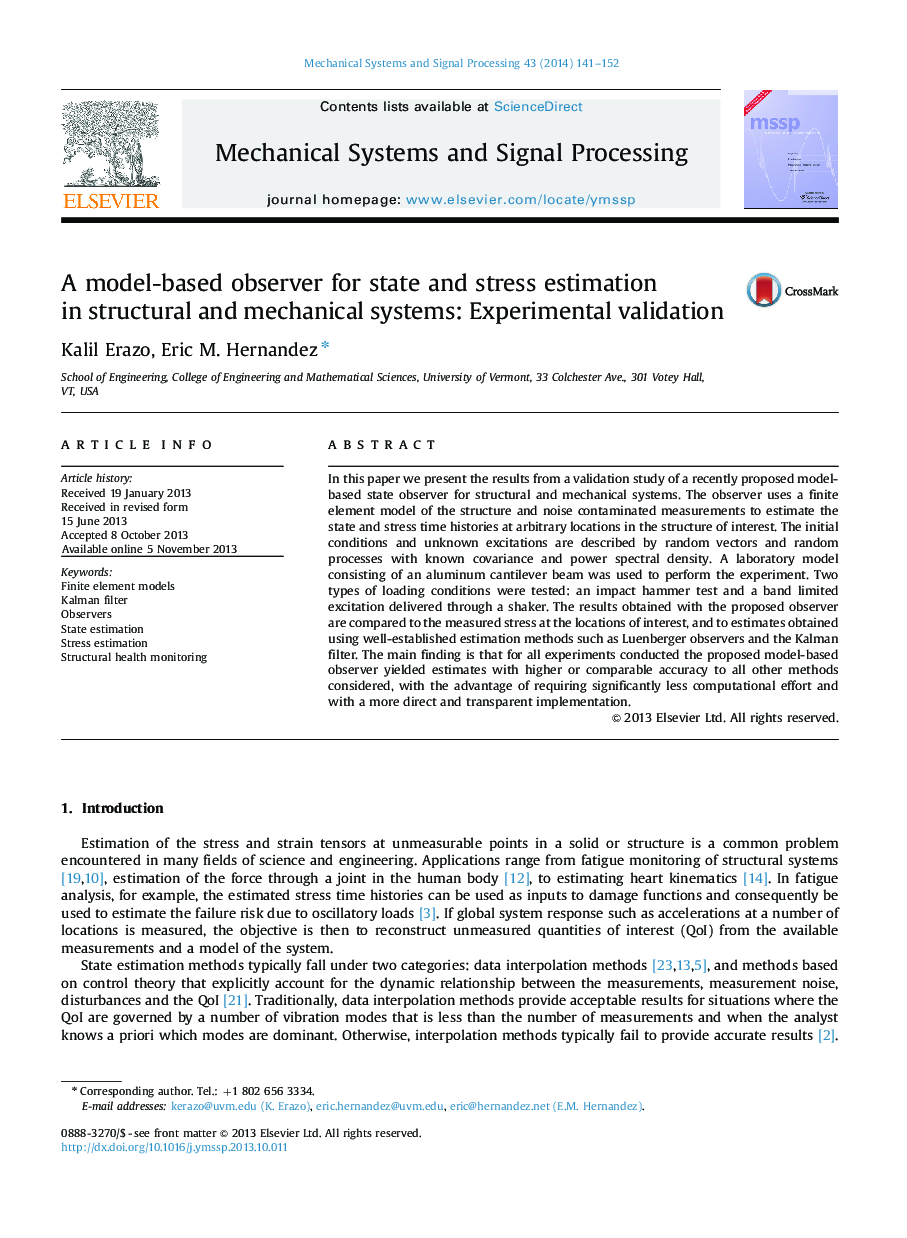 A model-based observer for state and stress estimation in structural and mechanical systems: Experimental validation