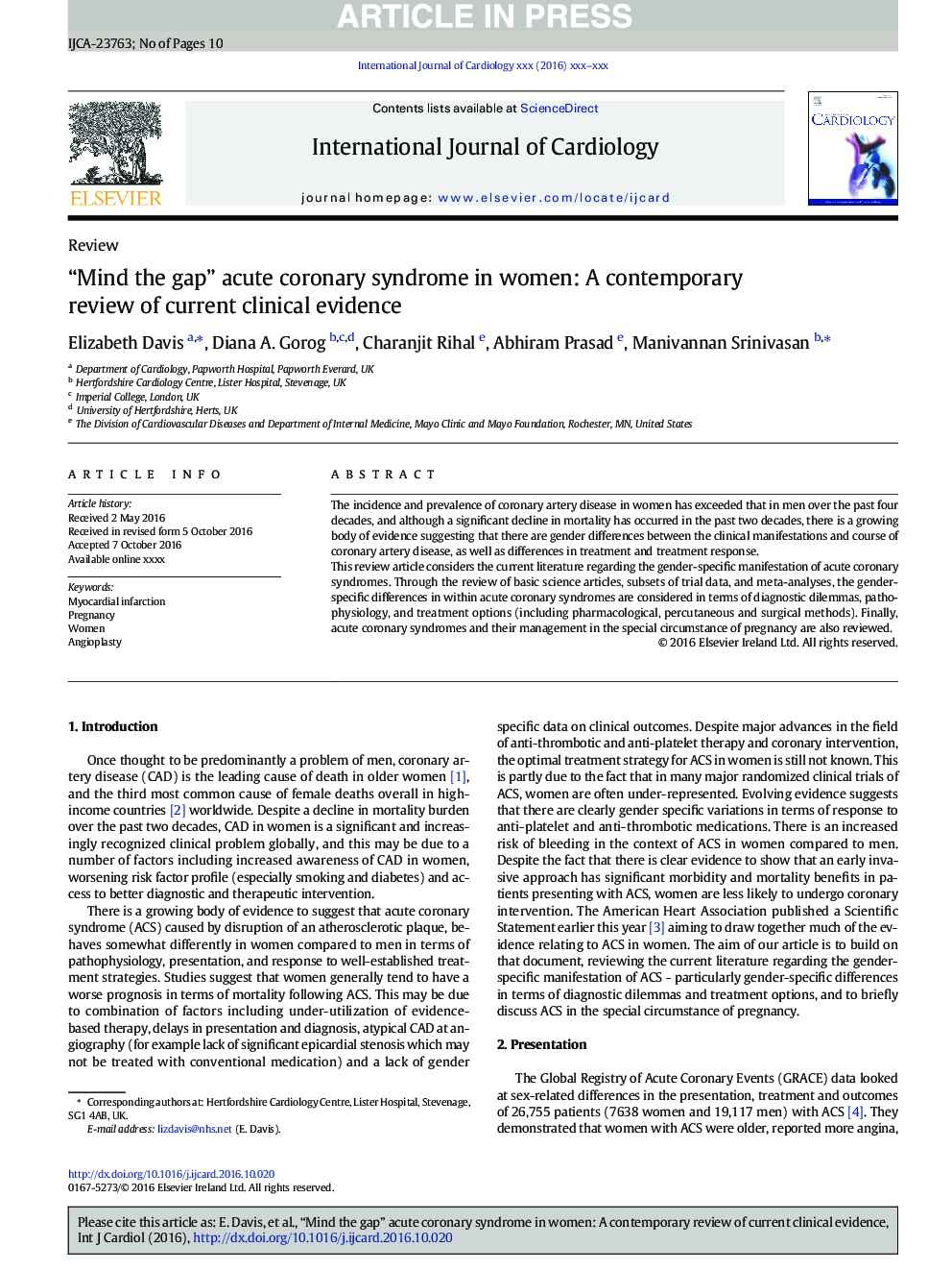 “Mind the gap” acute coronary syndrome in women: A contemporary review of current clinical evidence