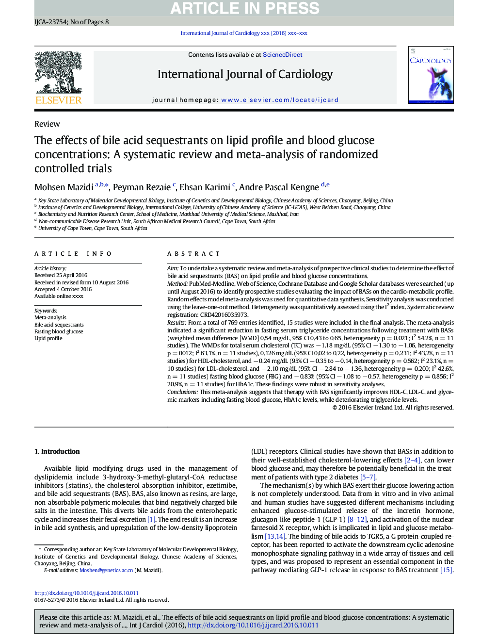 The effects of bile acid sequestrants on lipid profile and blood glucose concentrations: A systematic review and meta-analysis of randomized controlled trials