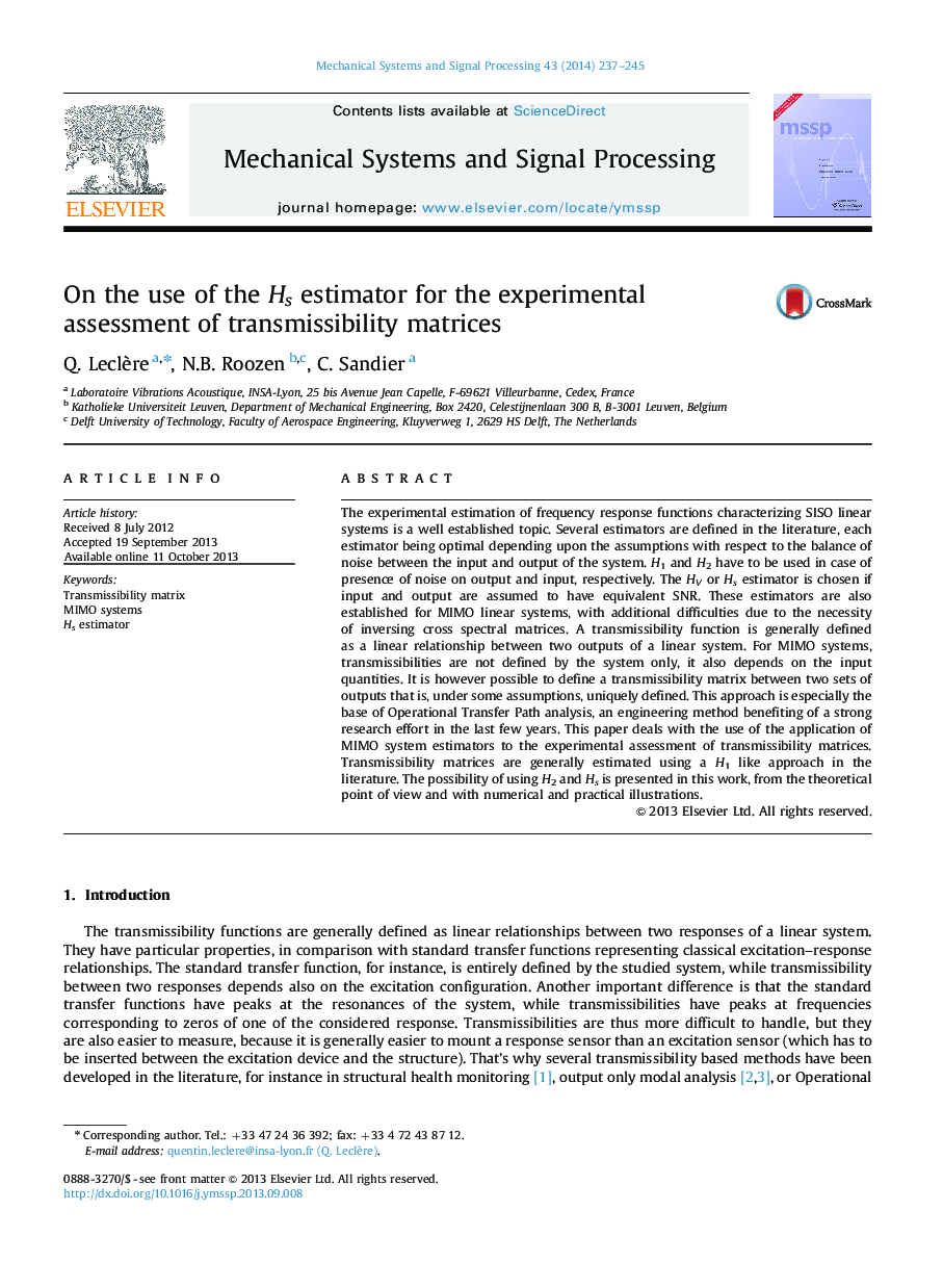 On the use of the Hs estimator for the experimental assessment of transmissibility matrices