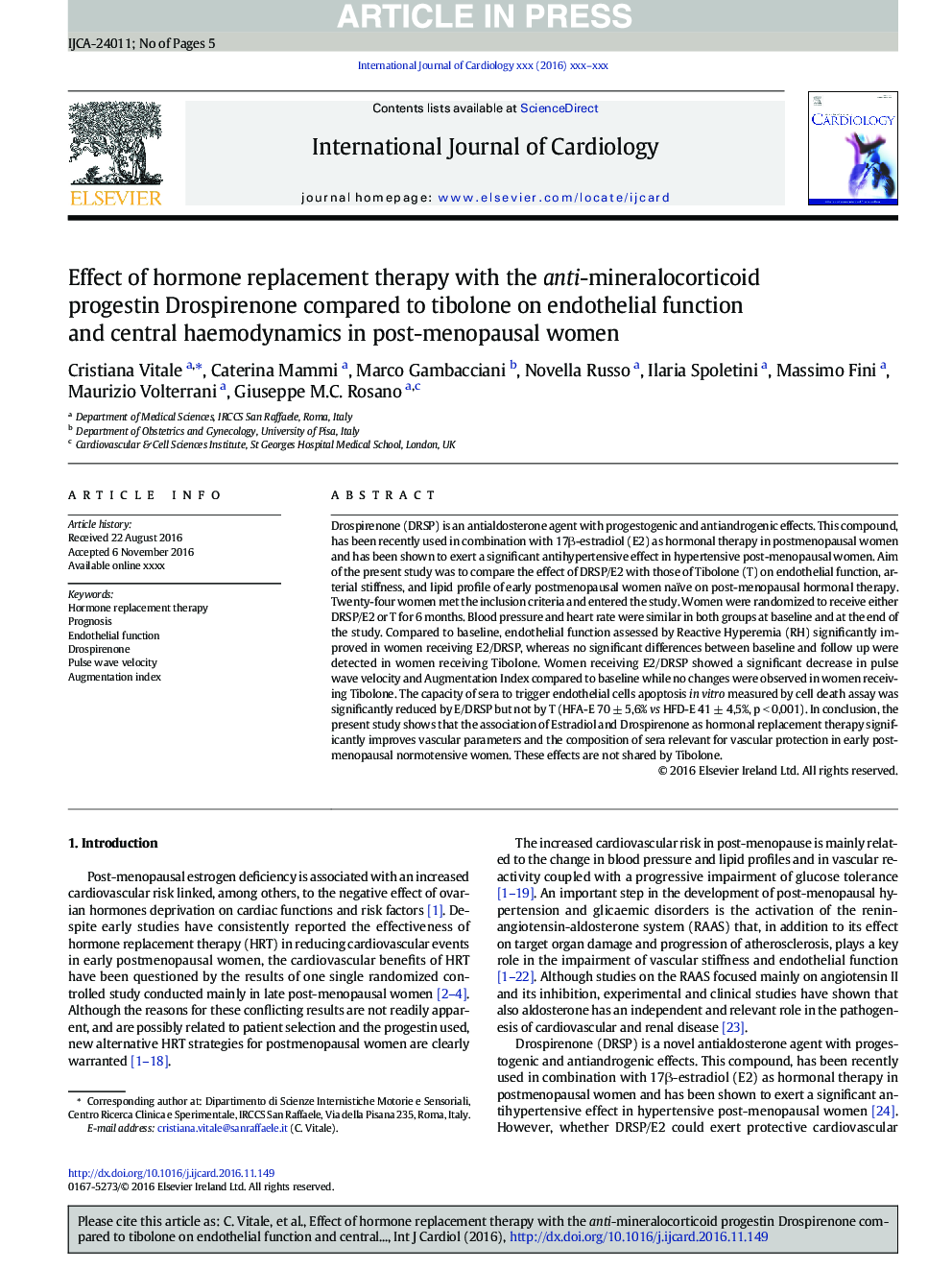 Effect of hormone replacement therapy with the anti-mineralocorticoid progestin Drospirenone compared to tibolone on endothelial function and central haemodynamics in post-menopausal women