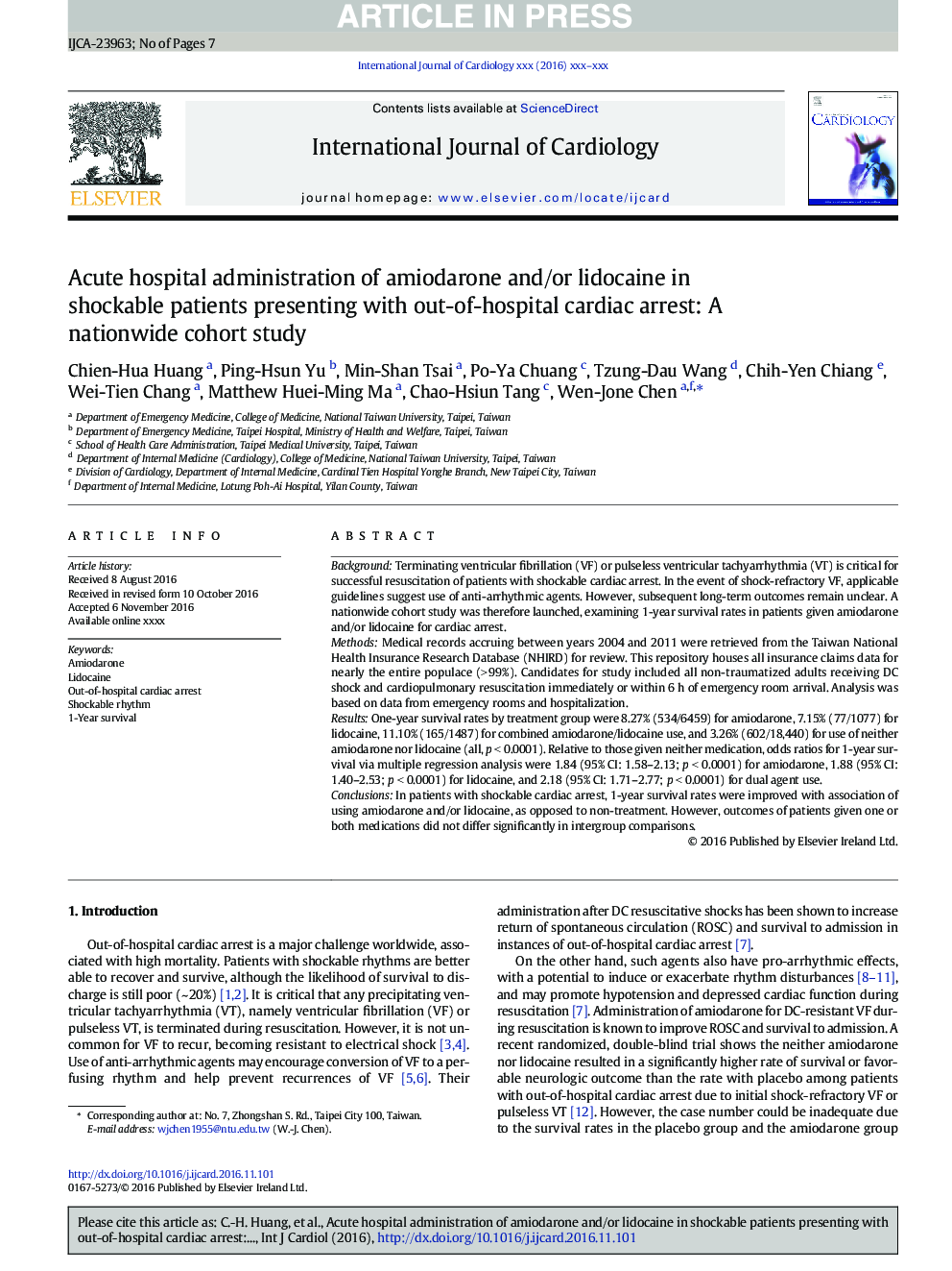 Acute hospital administration of amiodarone and/or lidocaine in shockable patients presenting with out-of-hospital cardiac arrest: A nationwide cohort study