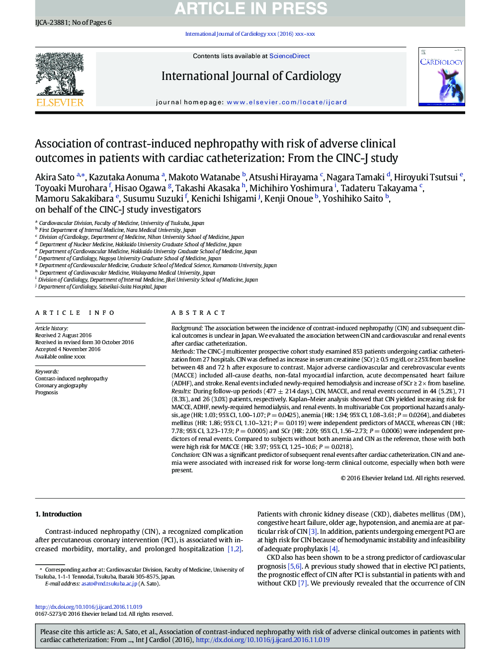 Association of contrast-induced nephropathy with risk of adverse clinical outcomes in patients with cardiac catheterization: From the CINC-J study