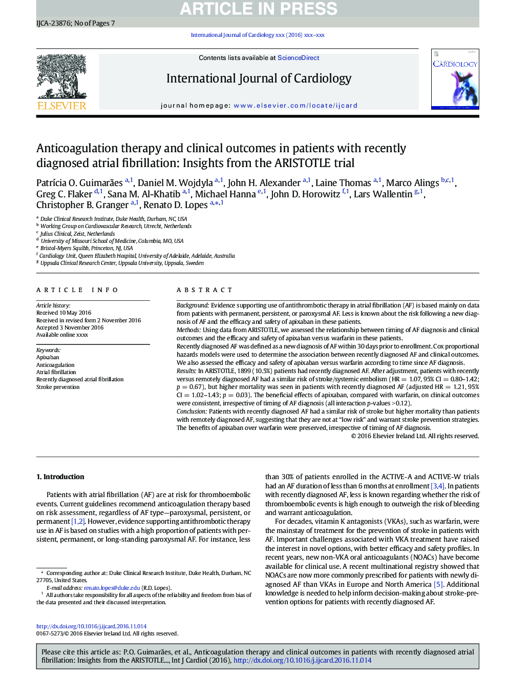 Anticoagulation therapy and clinical outcomes in patients with recently diagnosed atrial fibrillation: Insights from the ARISTOTLE trial