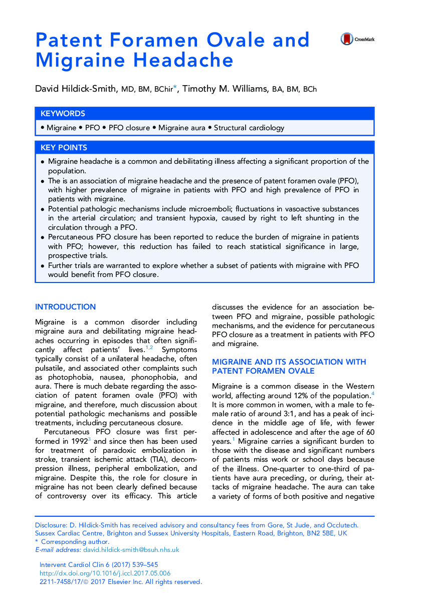 Patent Foramen Ovale and Migraine Headache