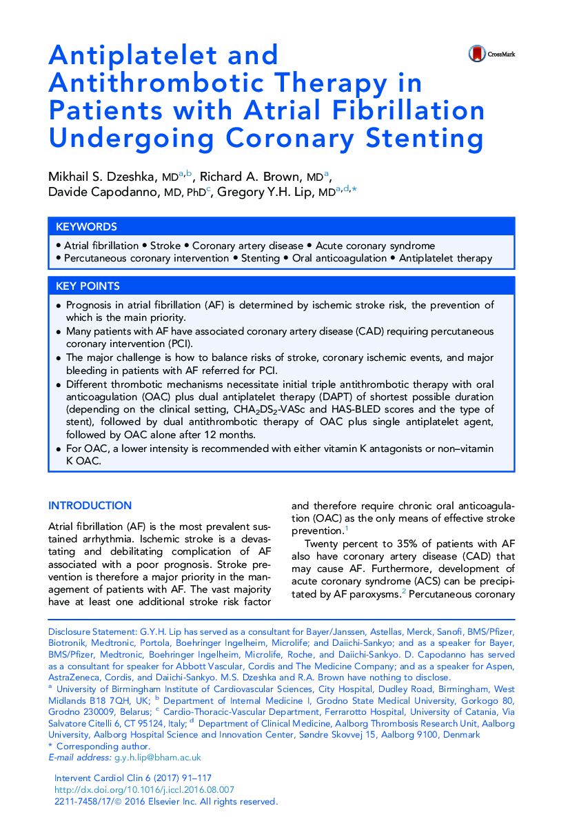 Antiplatelet and Antithrombotic Therapy in Patients with Atrial Fibrillation Undergoing Coronary Stenting